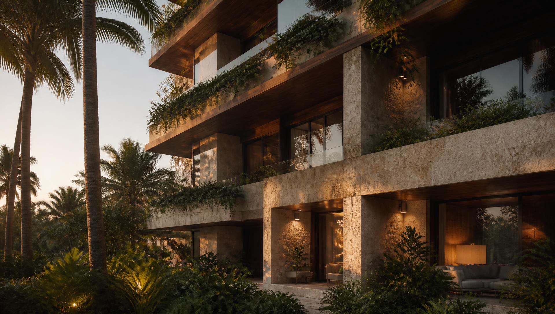 Concept image: tower façade surrounded by tropical vegetation at sunset