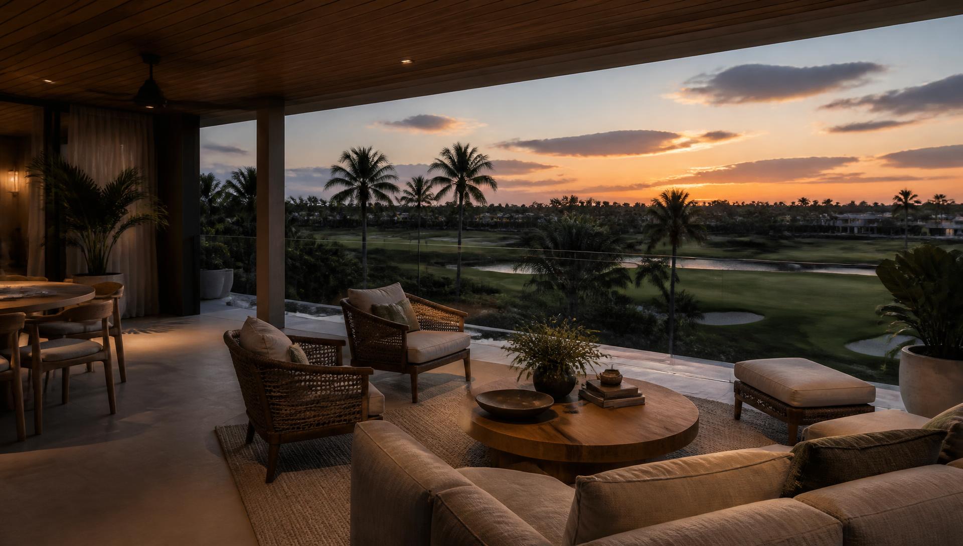 Concept image: terrace overlooking the El Tigre golf course at dusk