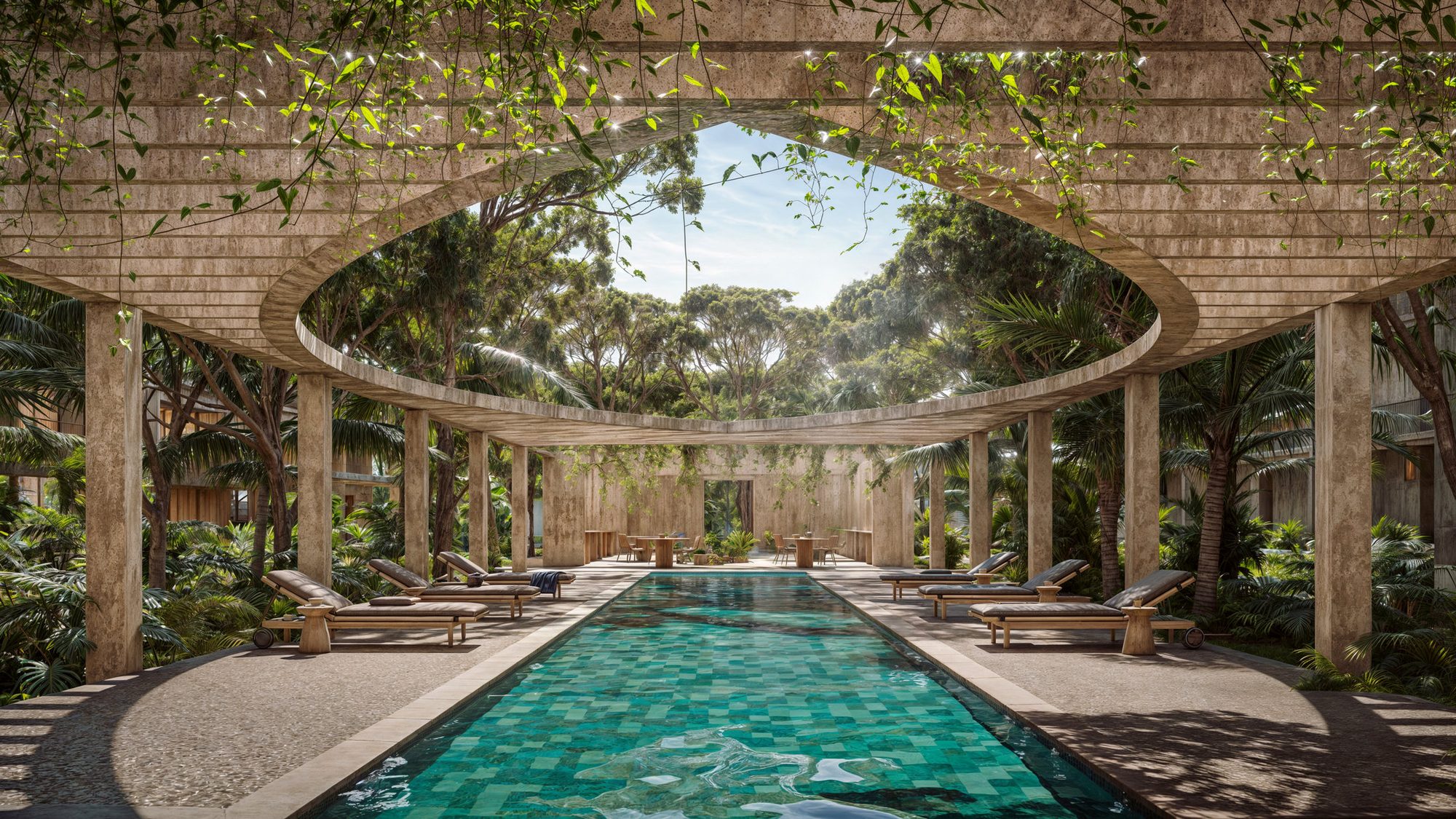 Alberca central rodeada de arquitectura y jardines tropicales