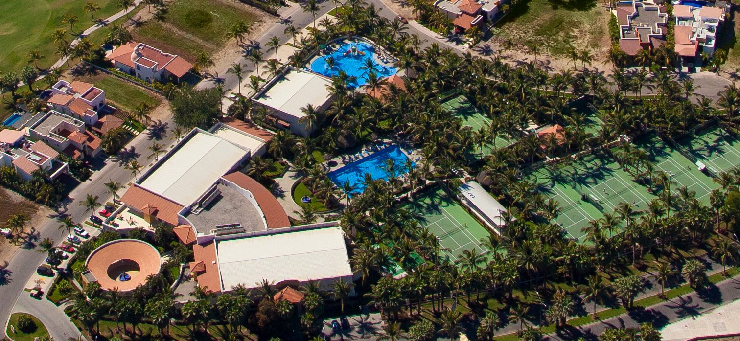Aerial view of green spaces and residential amenities