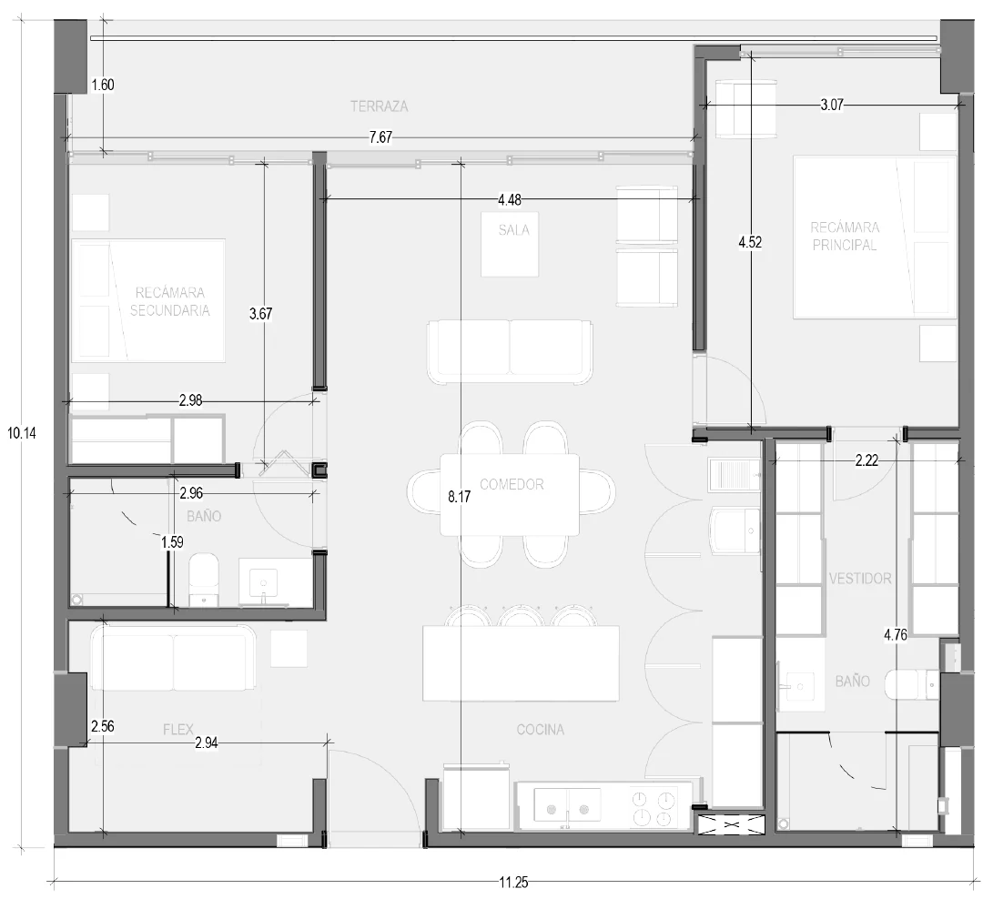 Floor plan for Condo A302: dos recámaras, Flex, dos bathrooms y terraza