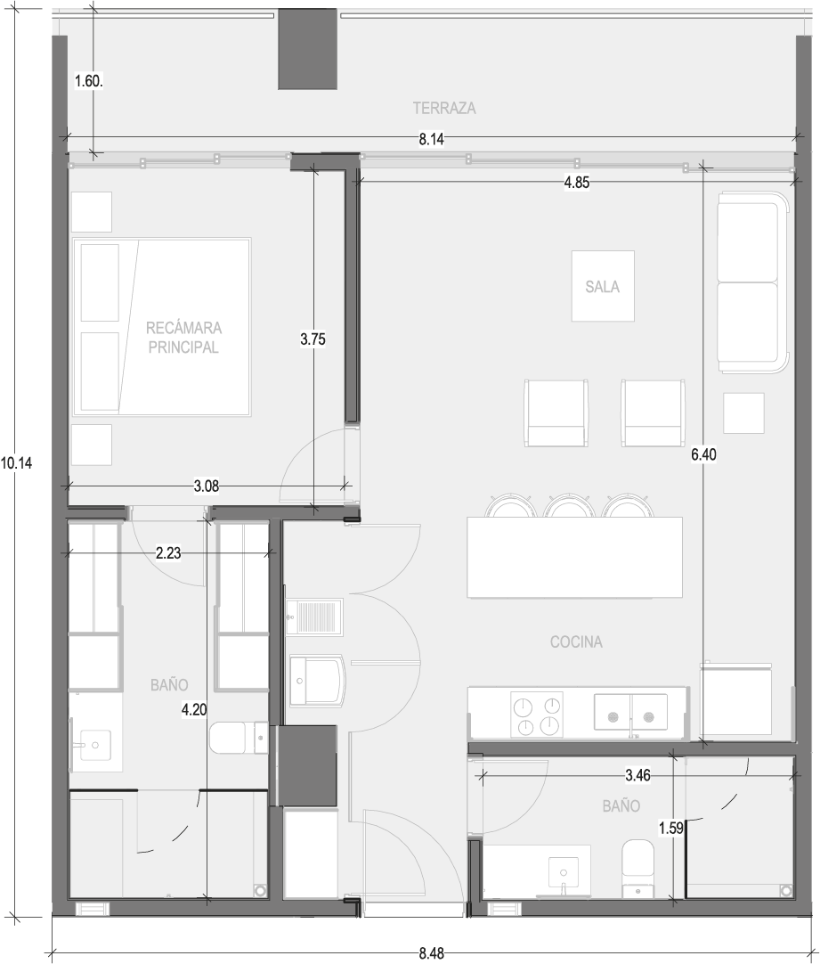 Architectural floor plan for Condo 204 with primary bedroom, living room, kitchen, and terrace